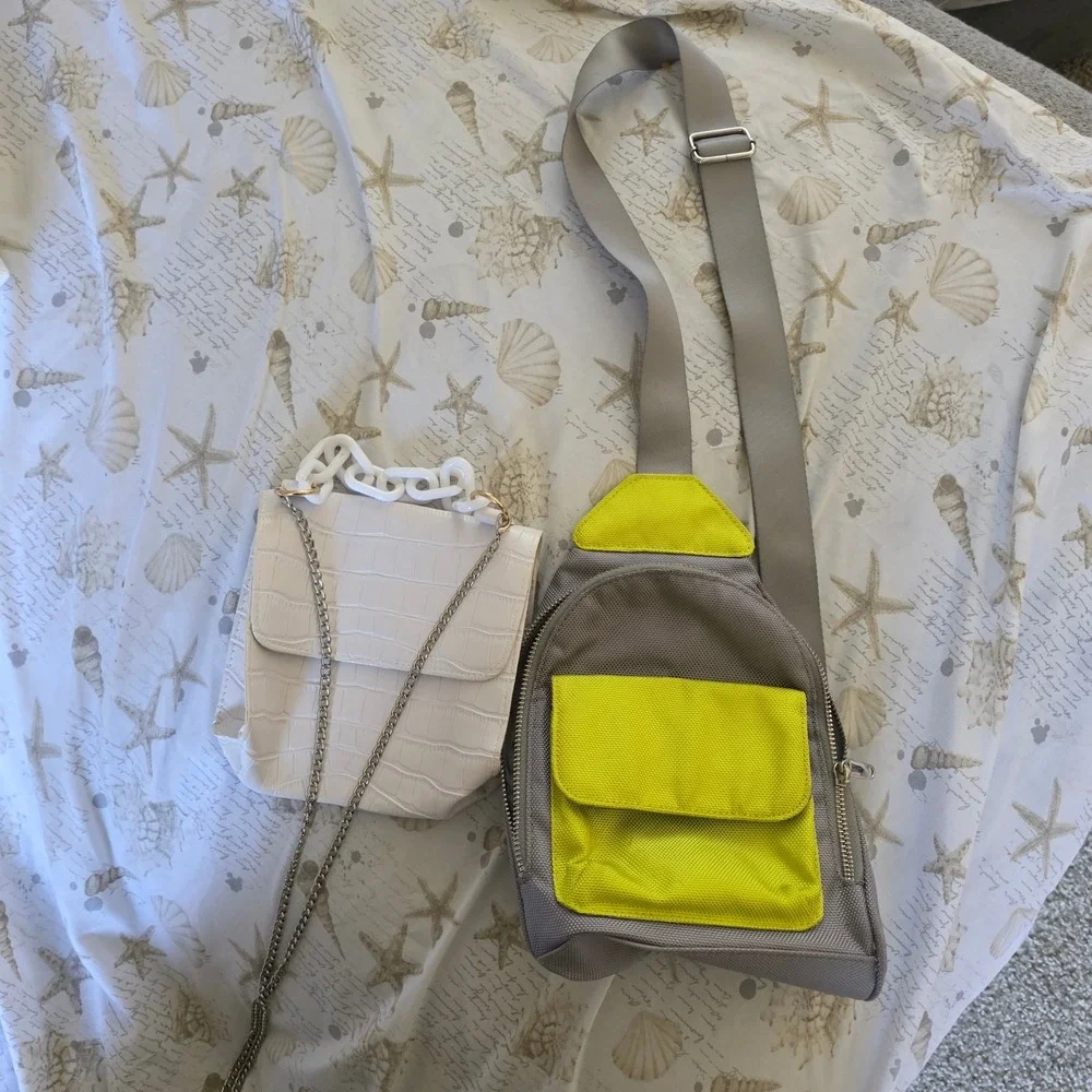 Wild Fable Grey Neon Yellow Sling Backpack and White Croc Crossbody Bag Set
